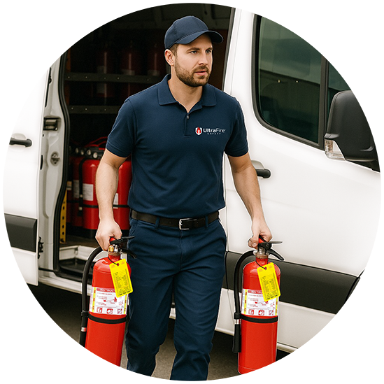 Man performing extinguishger inspection